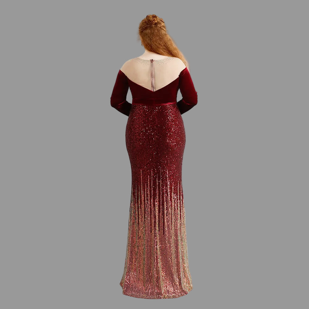 Curvy in Red Velvet.  Sleek Gown Off the Shoulder for Up To 4XL