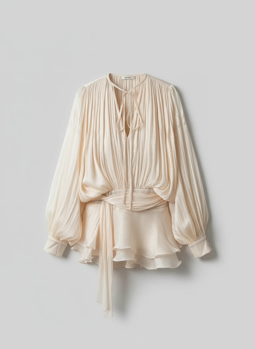 Vintage-Inspired Puff Sleeve Mini Dress with Ruff Skirt with Lace