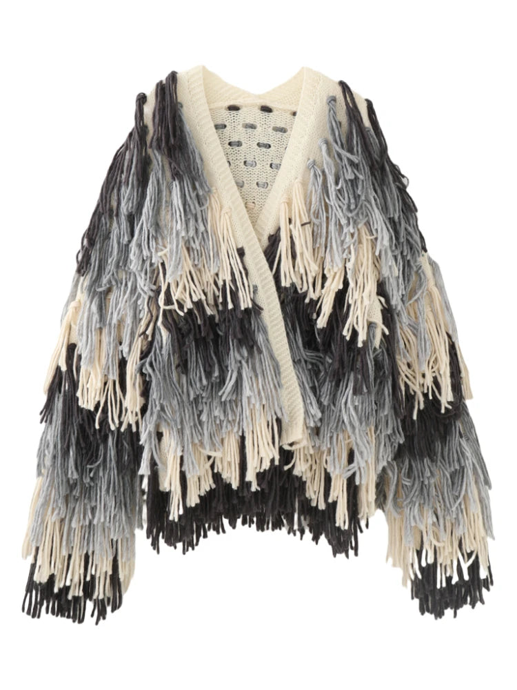Vintage Shaggy Cardigan Jumper. Loose Fit with Fashionable Tassels.  Versatile for any Wardrobe