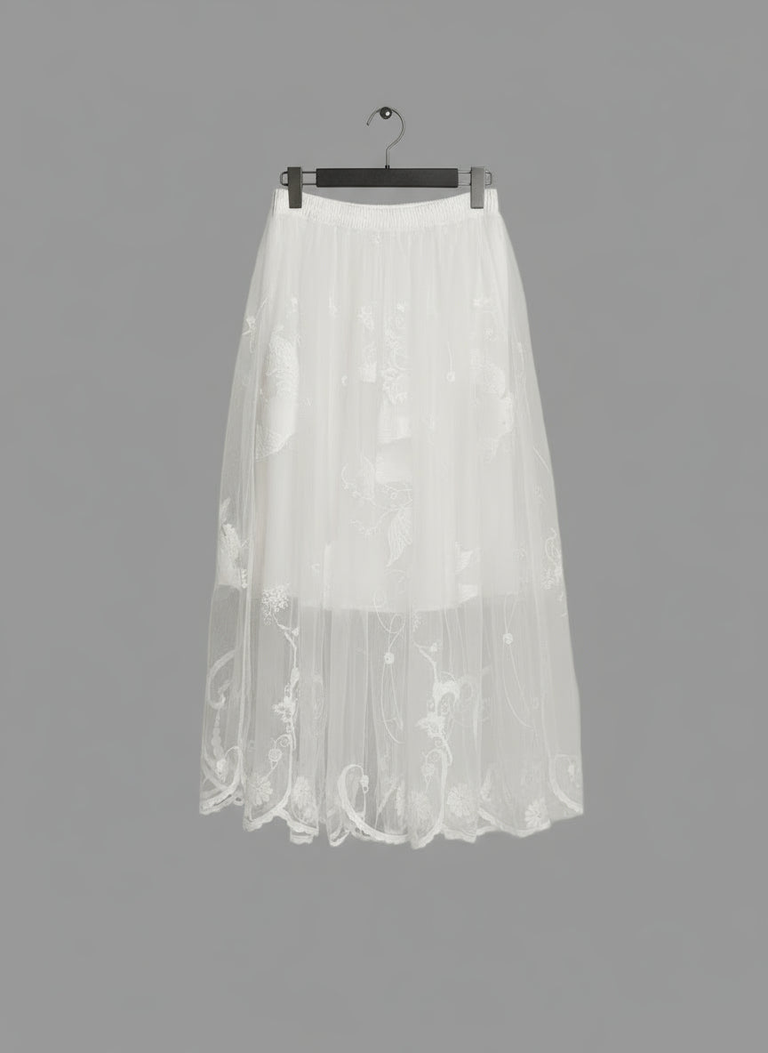 Chic, Timeless and Beautifully Made Chiffon and Lace Skirt.  Ankle length. Artistic Embroidery.