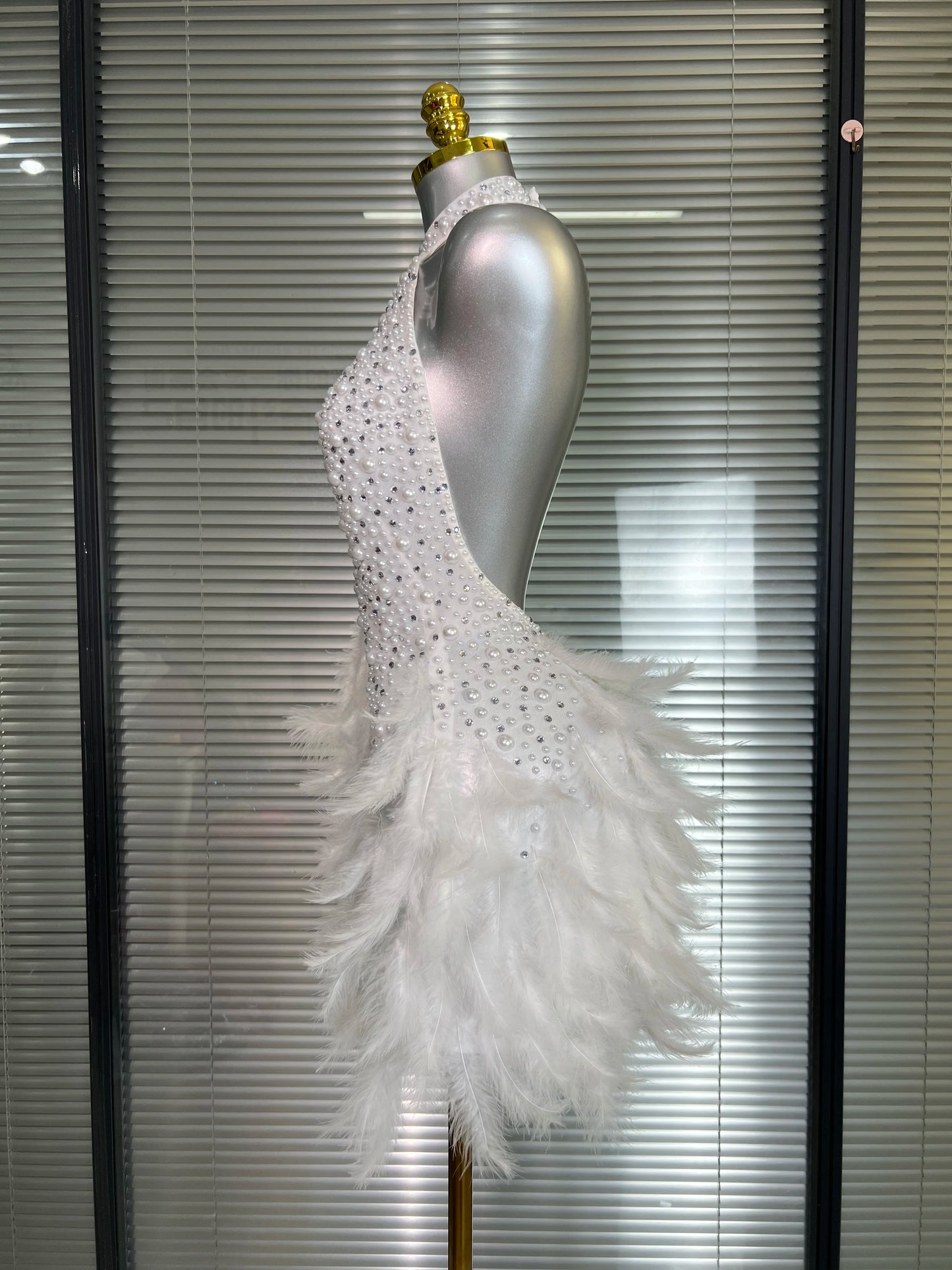 Backless Dance Dress Made with Feathers and Adorned with Crystal Diamonds