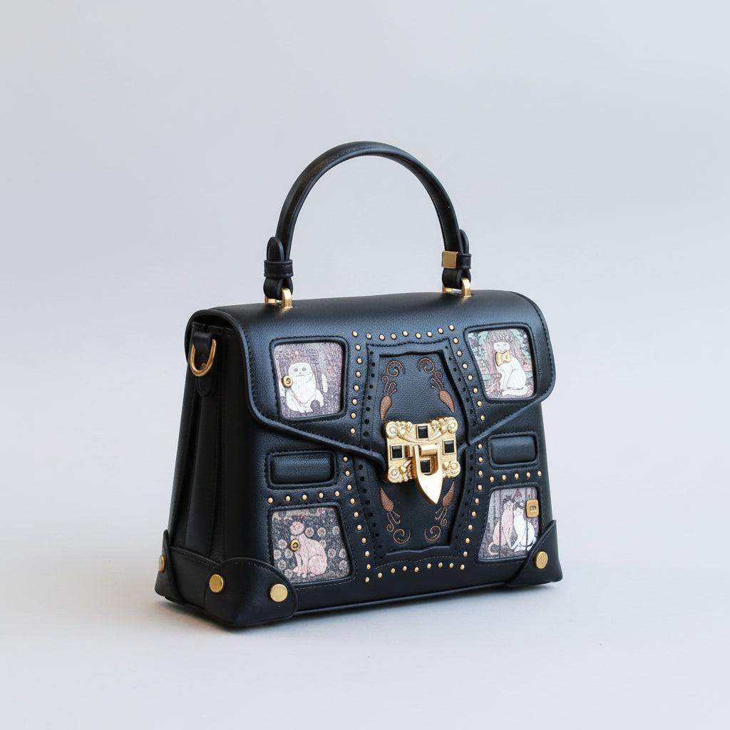 Retro Style Leather, Compact Bag with Cat Graphics