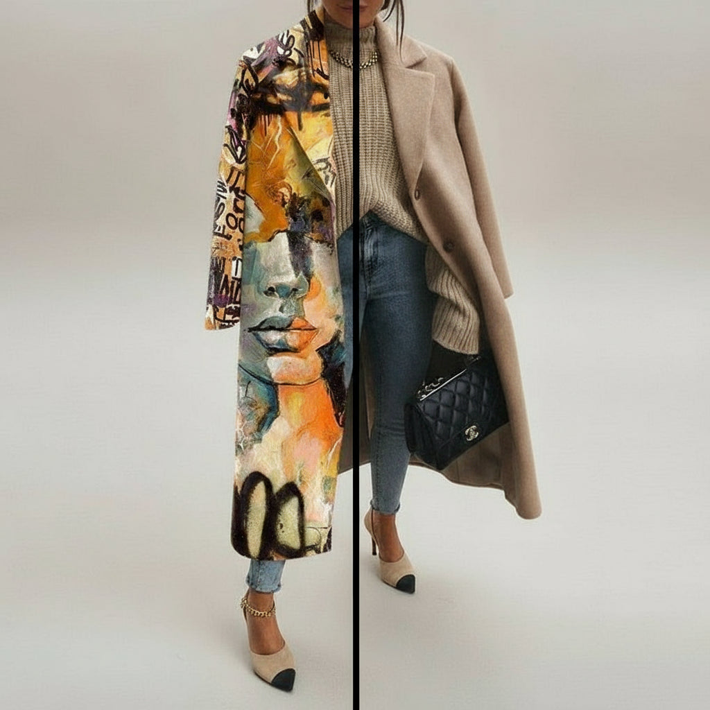 Graffiti Dress Coat Featuring Striking Blend of Artwork and Classic Camel