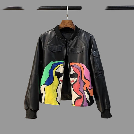 Short Black Leather Jacket with Vibrant Designer Graffiti. A True Statement Piece