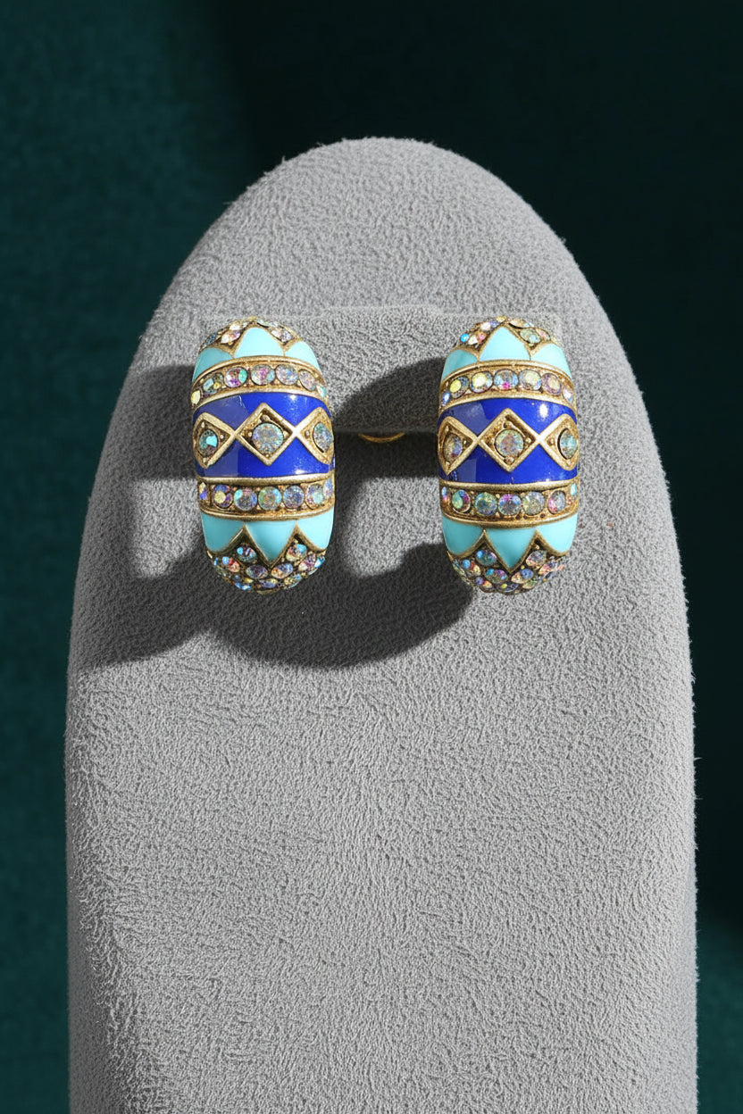 Blue & Gold Vintage Moon Stud Earrings