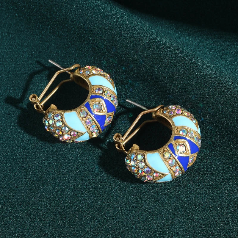 Blue & Gold Vintage Moon Stud Earrings