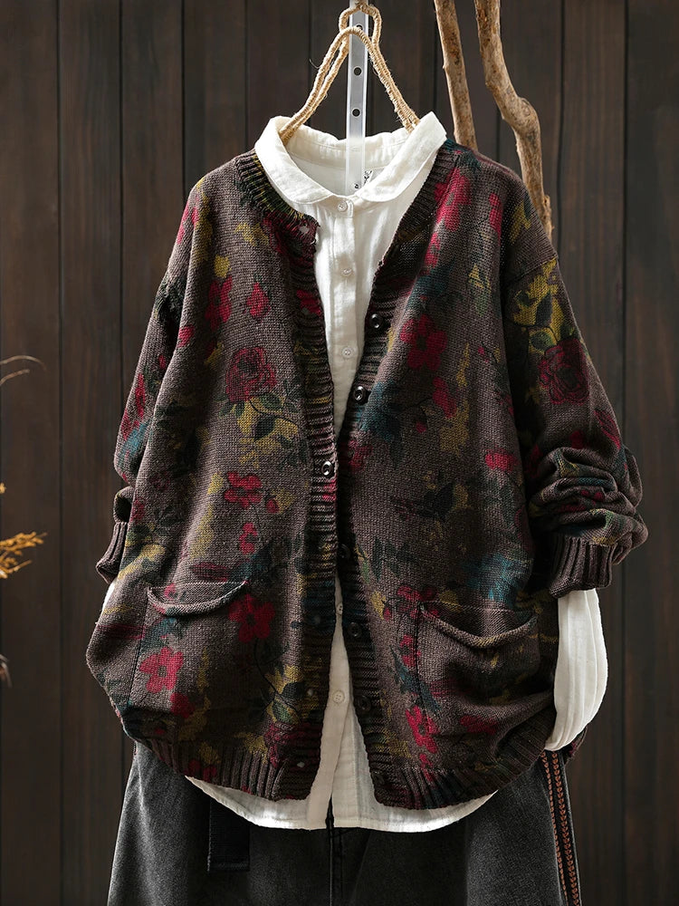 Knitted Floral Cardigan.  100% Cotton. Relaxed Fit. Perfect for layering.