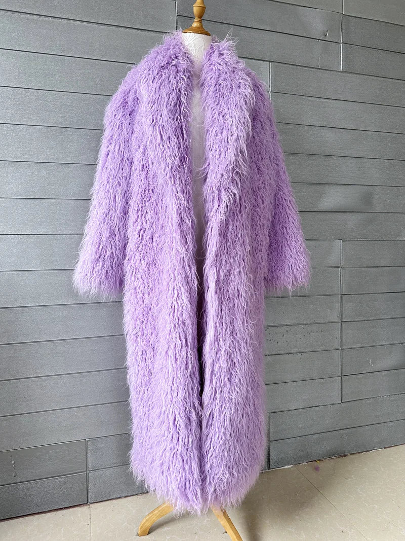 Long Faux Fur Dress Coat, Coat.  Wide Waisted in Vibrant Funky Colors