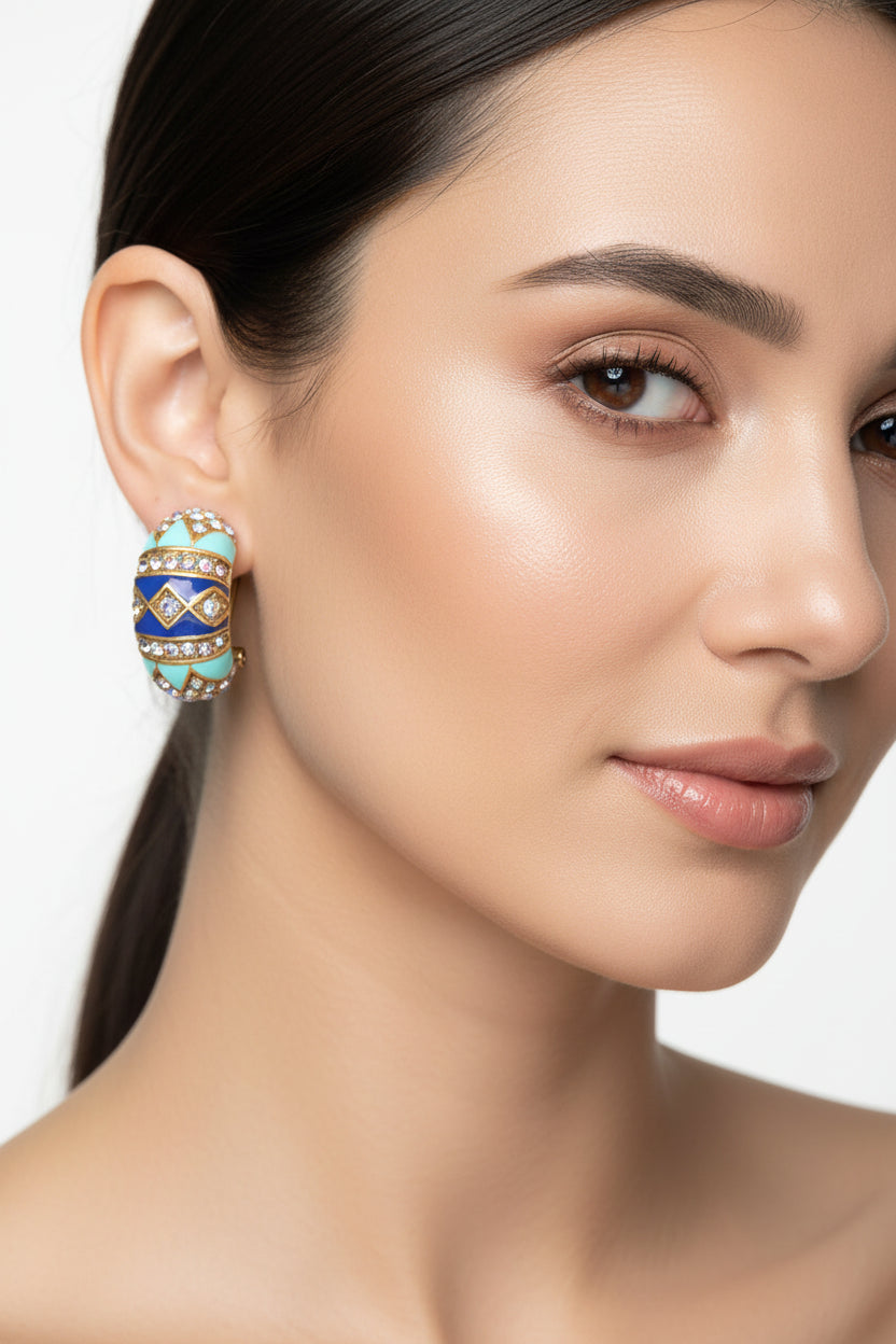 Blue & Gold Vintage Moon Stud Earrings