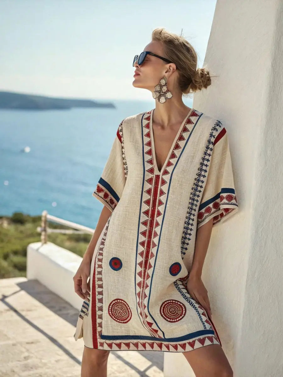 Casual Beach Dress — Aztec Accent, Loose Fit