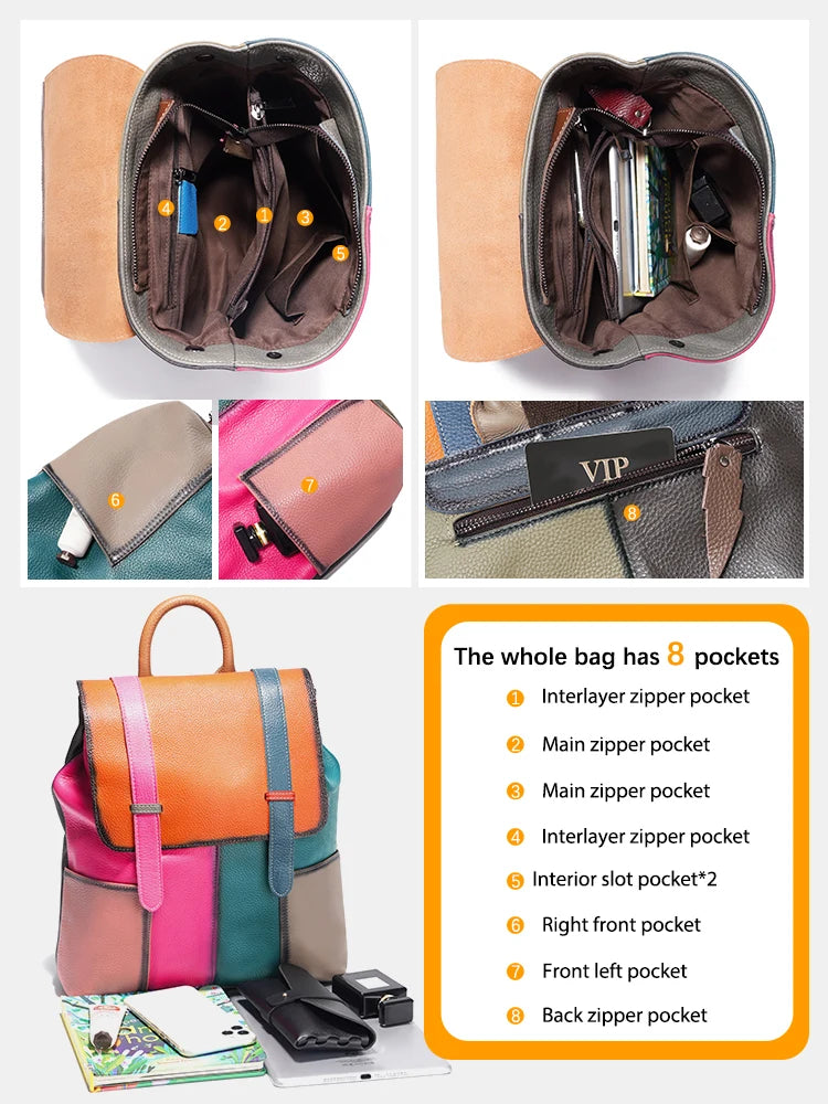 Multicolor Patchwork Leather Backpack. Wear Resistant.