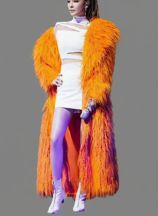 Long Faux Fur Dress Coat, Coat.  Wide Waisted in Vibrant Funky Colors