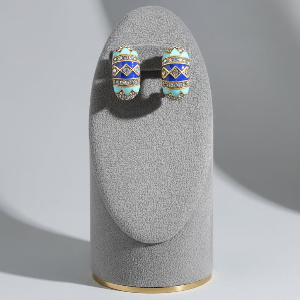 Blue & Gold Vintage Moon Stud Earrings