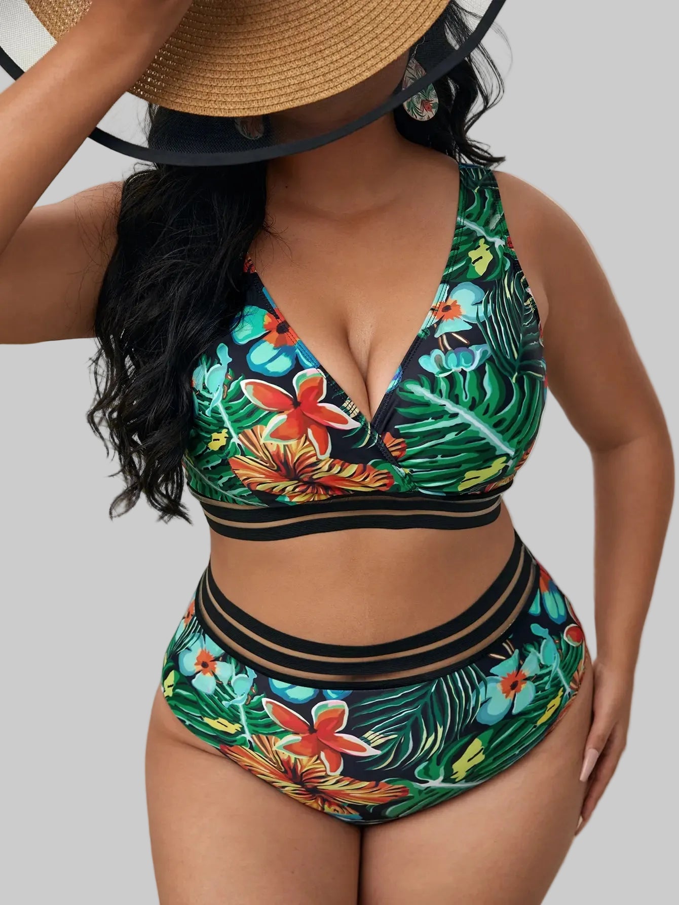 Plus Size Floral High‑Waist Bikini Set with Adjustable Thick Straps
