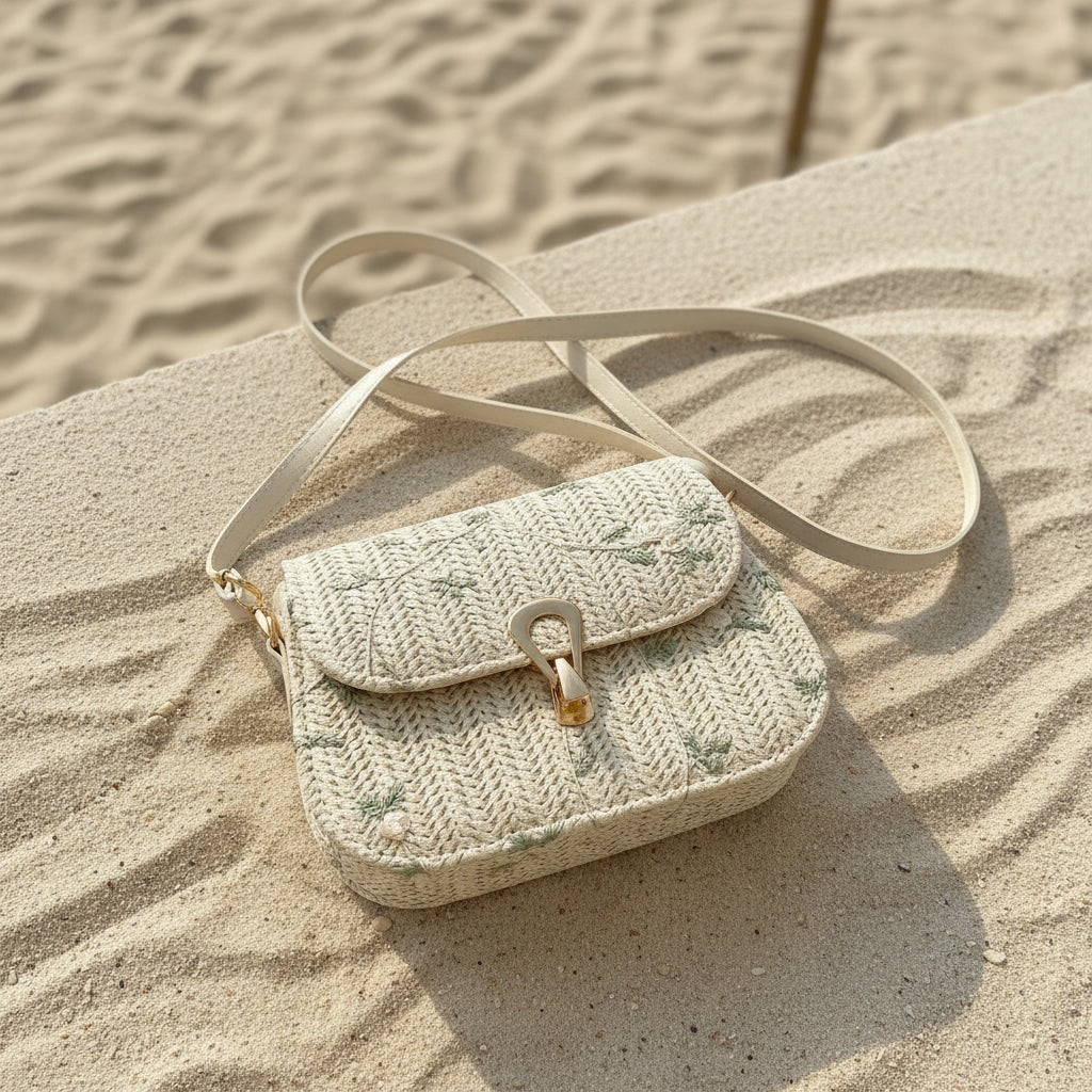 Straw Baguette Bag with Floral Embroidery