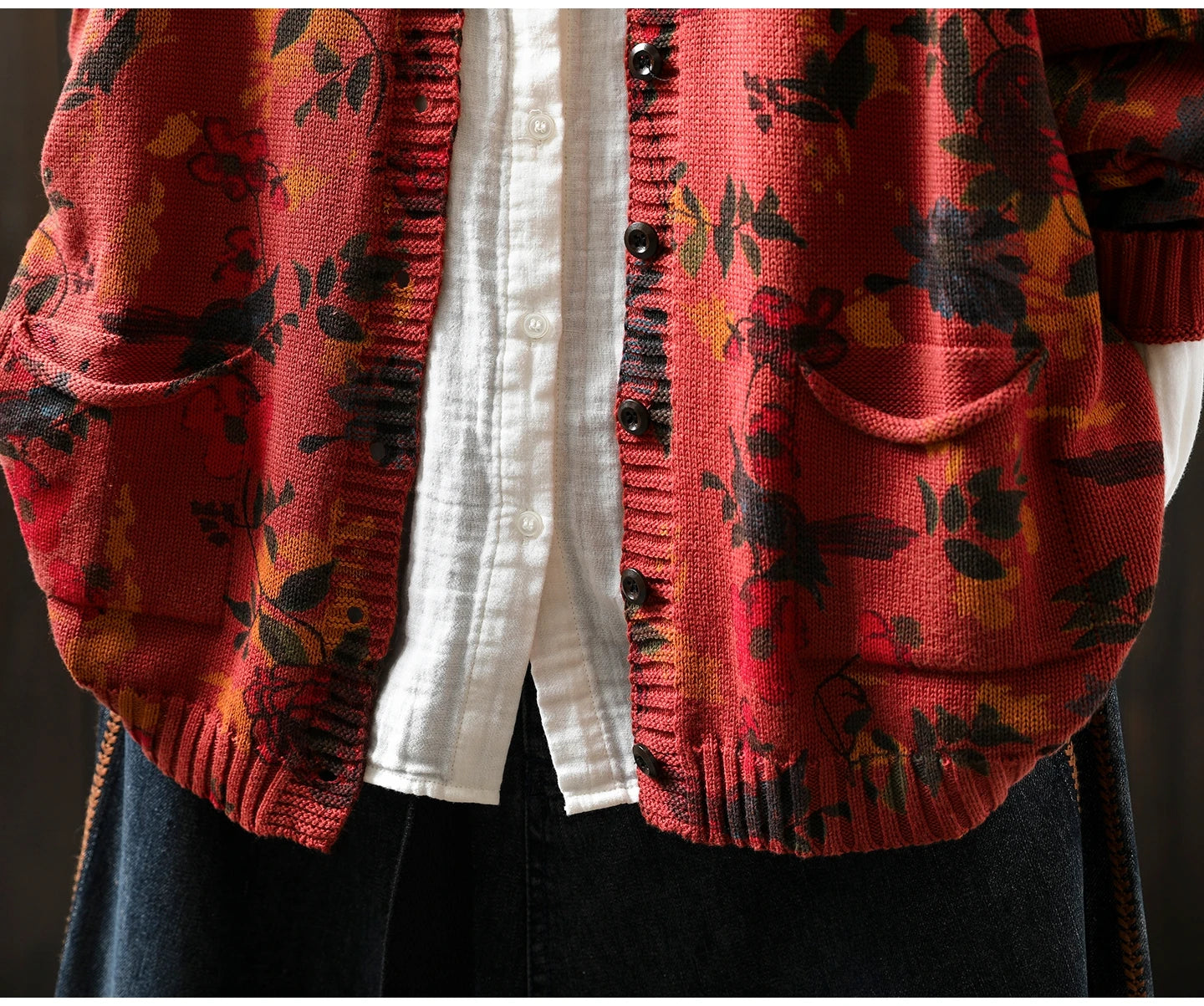 Knitted Floral Cardigan.  100% Cotton. Relaxed Fit. Perfect for layering.