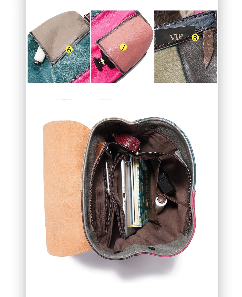 Multicolor Patchwork Leather Backpack. Wear Resistant.