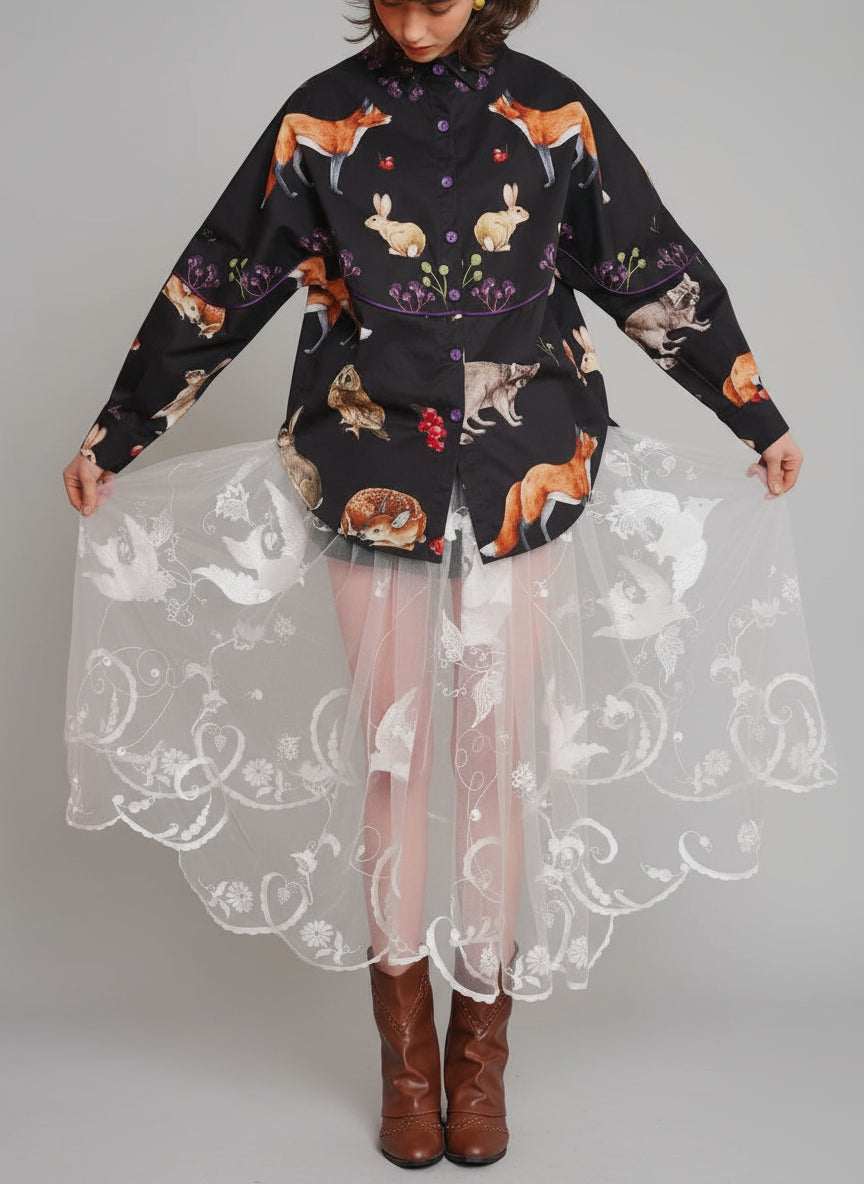 Chic, Timeless and Beautifully Made Chiffon and Lace Skirt.  Ankle length. Artistic Embroidery.