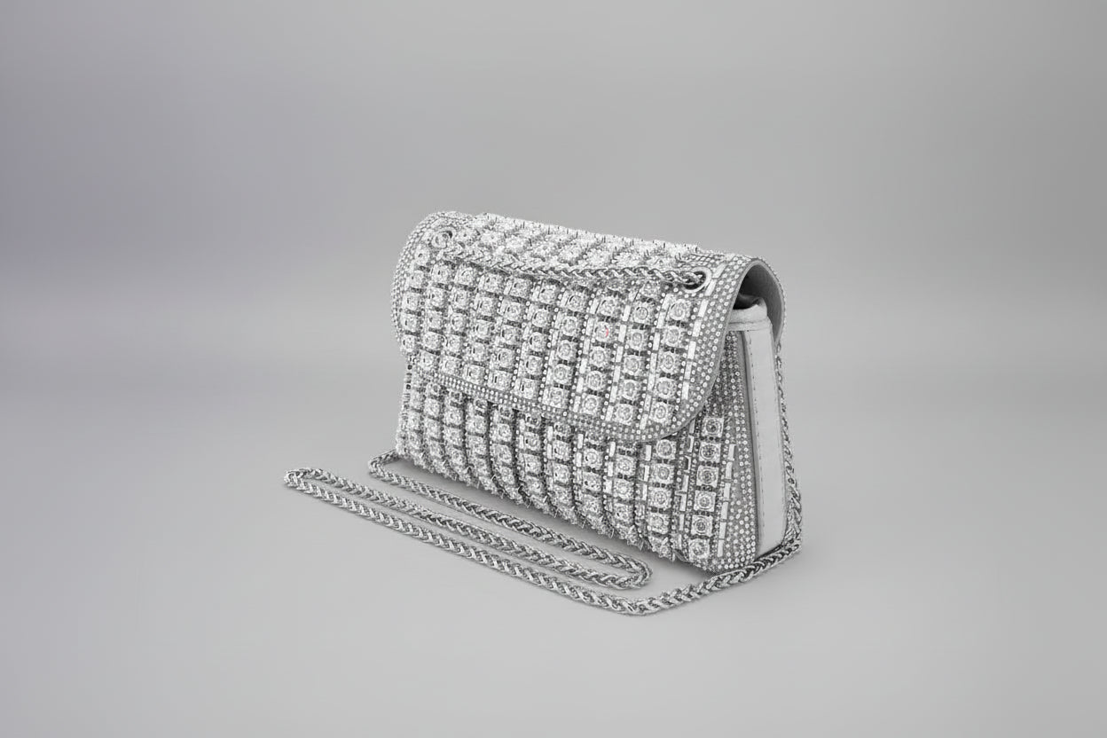 Artisan‑Crafted Leather Evening Clutch with Silver Rhinestones