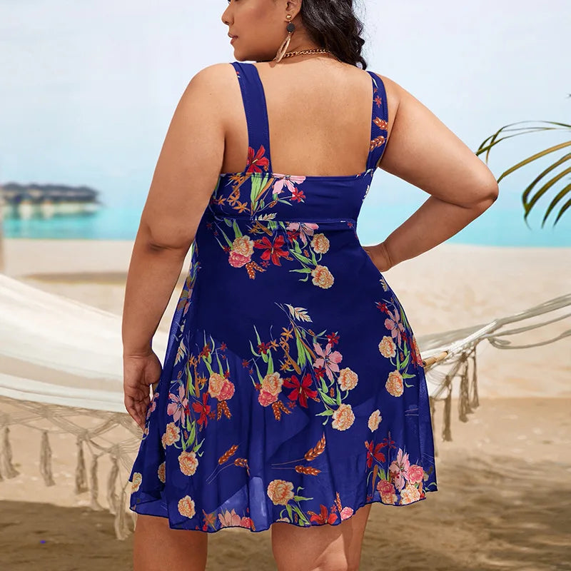 Chic Plus Size Patterned Swim Dress with Thick Straps & Round Neck