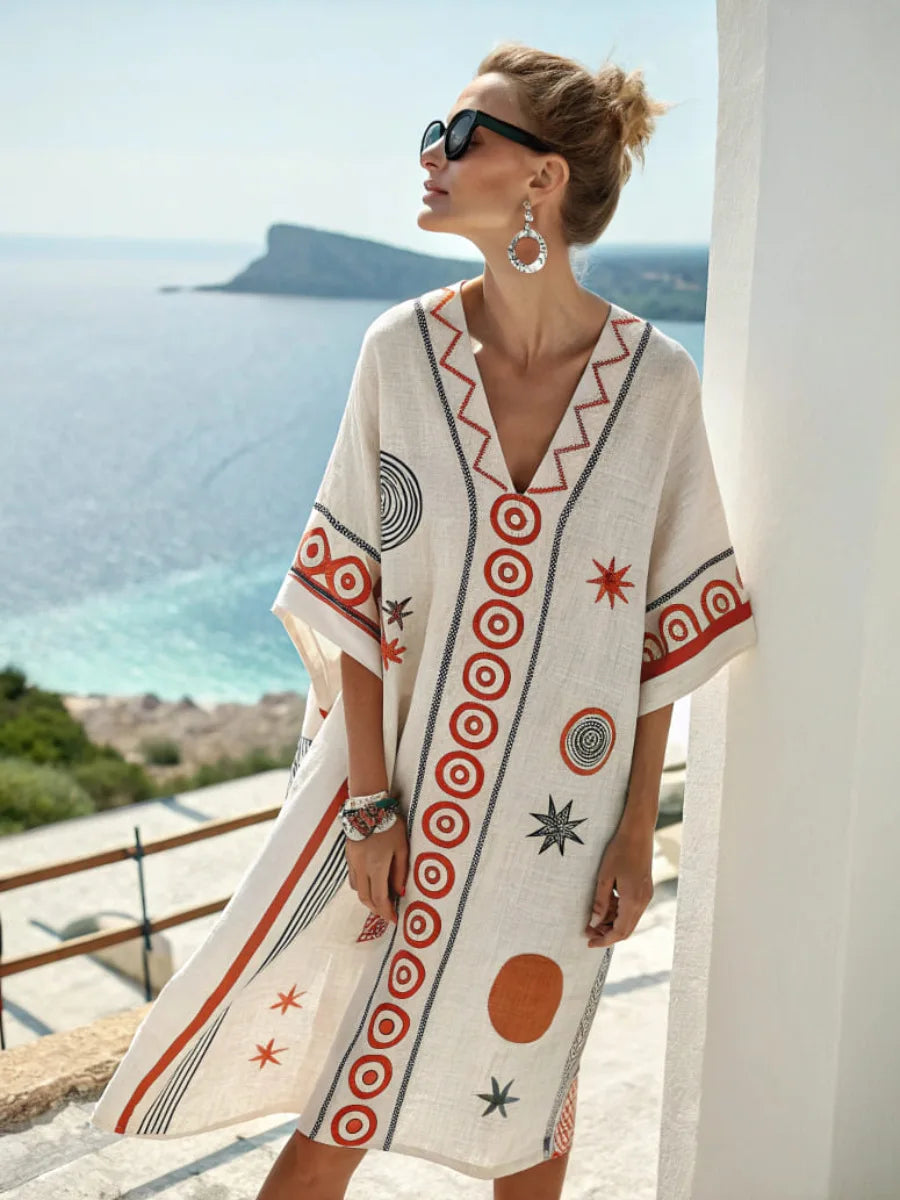Casual Beach Dress — Aztec Accent, Loose Fit