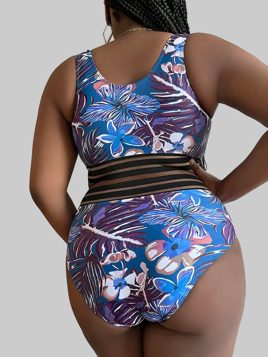 Plus Size Floral High‑Waist Bikini Set with Adjustable Thick Straps