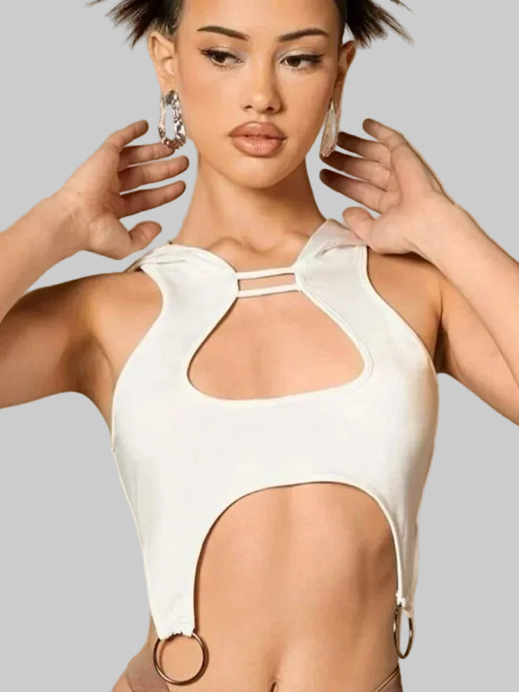 Offbeat Hollowed‑Out Tank Hoodie with Ring Detail