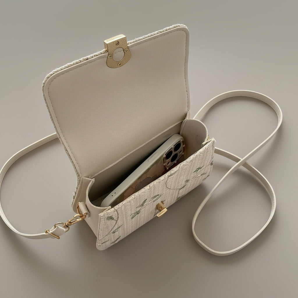 Straw Baguette Bag with Floral Embroidery