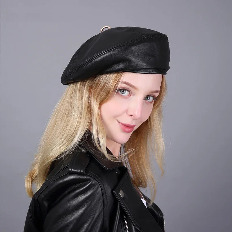 French Style Ladies Beret's Made with Genuine Leather.  A Beret that can be worn for all the seasons.  Practical and Chic