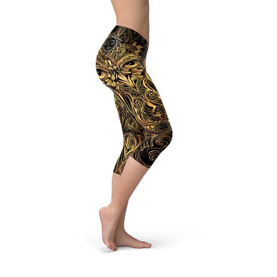 Black and Gold Owl Capri Leggings