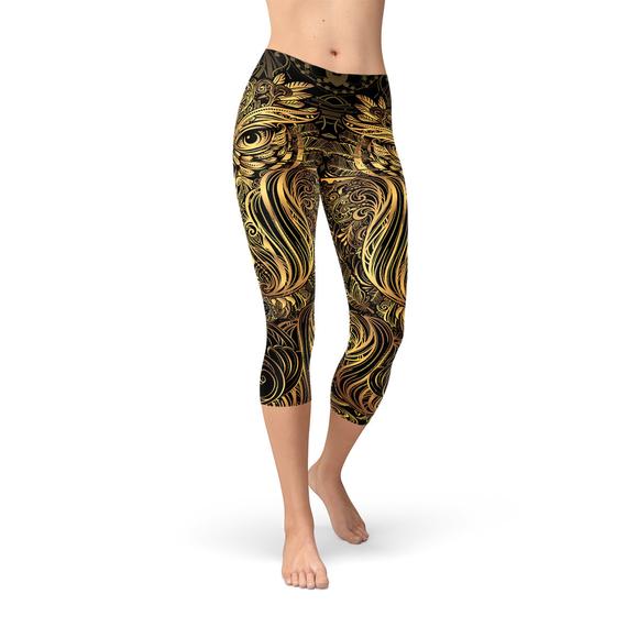 Black and Gold Owl Capri Leggings