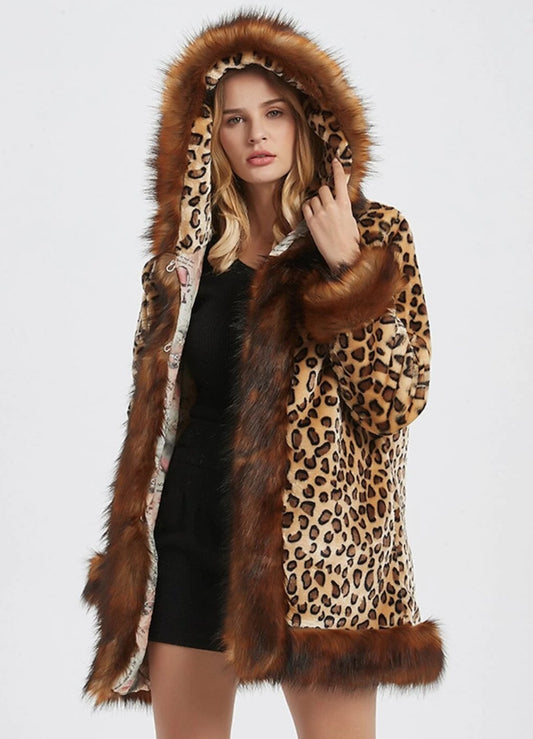 Stylish Hooded Leopard Print Faux Fur Short Jacket